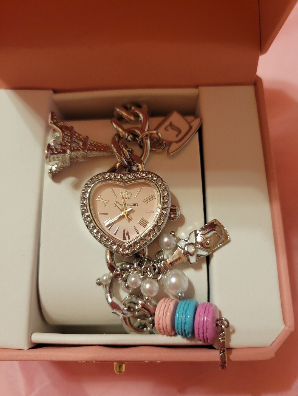 Juicy Couture Silver Heart Charm Watch Bracelet with Pastel Accents Pink Face